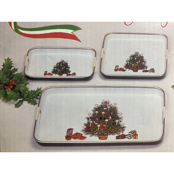 Vintage Lacquerware 3 Tray Christmas MCM Tree Angel Presents Candles Gold Japan - Picture 2 of 12